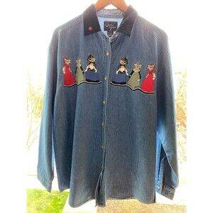 Quizz Again NY Women's Long Sleeve Shirt L Velvet Collar Embroider Bear Denim